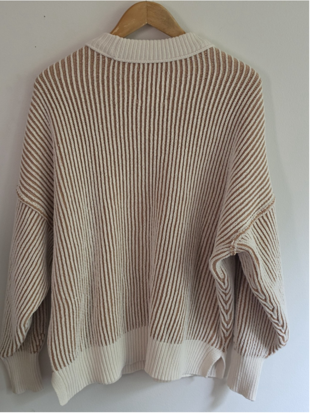 aerie Cream and Tan Striped Ribbed Crewneck Sweater - Picture 6 of 13